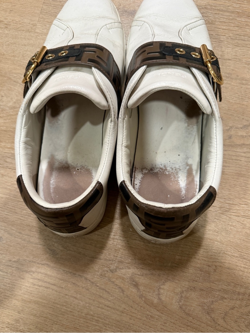 Fendi White Leather Sneakers with Brown FF Strap and Gold Buckle - Picture 5 of 7